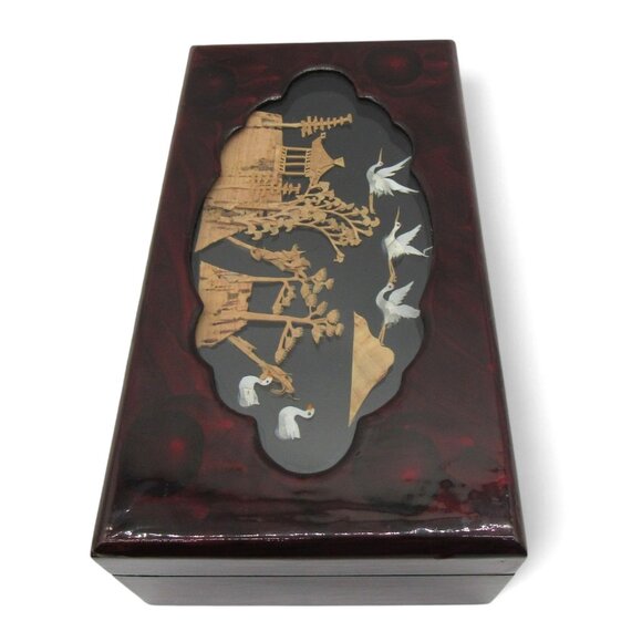 Asian Wooden JEWELRY BOX with 3D Cork Pagoda and Crane Birds Lacquered 9 Inches - Picture 9 of 11